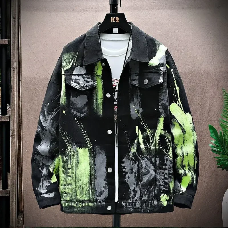 thumbnail image 1 of Chaqueta vaquera negra con botones de estilo hip hop para hombre, chaqueta vaquera blanca para otoño e invierno, ropa de calle desgastada para hombre, una pieza, talla grande 2024, 1 of 5