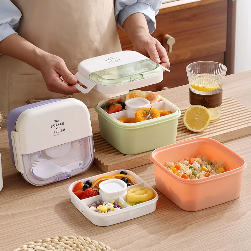 

Double-decker Microwave Heated Lunch Bento Box Plastic Food Storage Containers Portable Picnic Salad Bowl with Sauce Tank