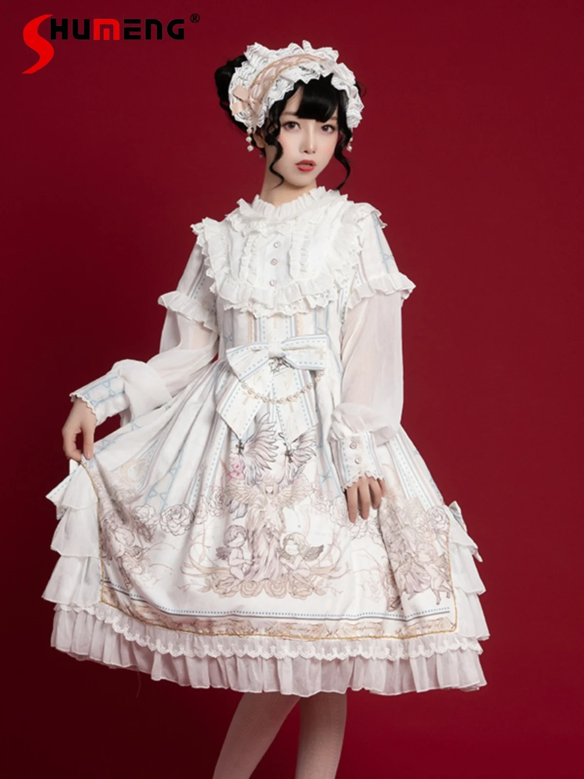 

Женское платье с длинным рукавом Lolita Op, новинка весны и осени 2024, милое повседневное Элегантное Длинное Платье с принтом и лентой для волос