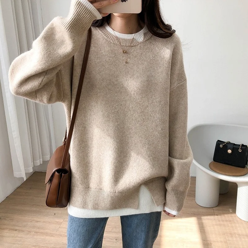 

Winter Sweater Women Cropped 2021 Autumn and Winter New Fake Two-piece Knit Ladies Lazy Style Loose Pullover Inside