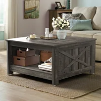 Square Coffee Table, Farmhouse Coffee Table with Half Open Storage Compartment, Rustic Gray 1