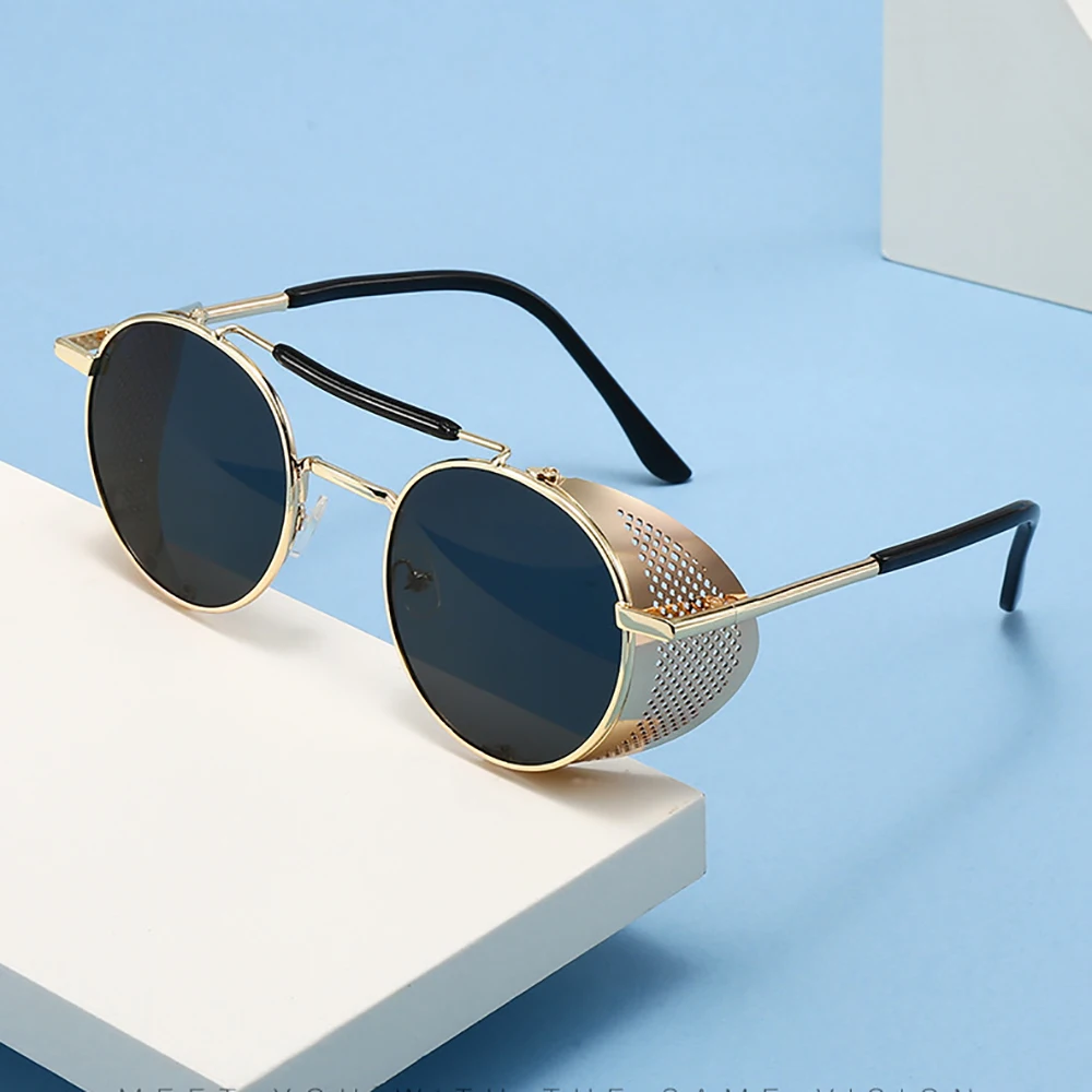 Men Driving Sunglasses with Side Shield Steampunk Round Alloy Sun Glasses Color Eyepiece Women Vintage UV400 Sun Shades New