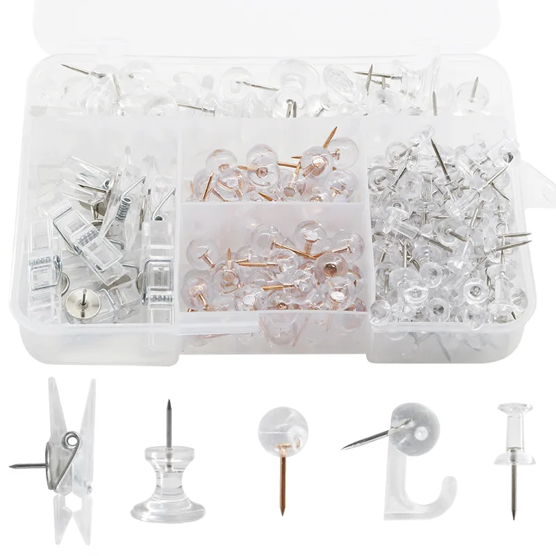 200pcs/box Transparent Rose Gold Push Pins Thumb Thumbtack Board Pins Wall Mounted Painting Frame Nails for Home Off
