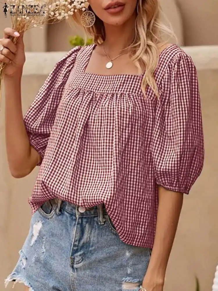 

ZANZEA Fashion Plaid Blouse 2024 Casual Loose Puff Half Sleeve Tops Women Square Neck Blusas Vintage Holiday Summer Shirts Tunic