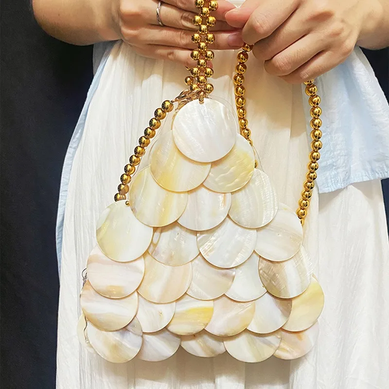 2025 new women sequins hand-woven beaded shell bag luxury fashion natural crumb party elegant handbag vacation beach bucket bag