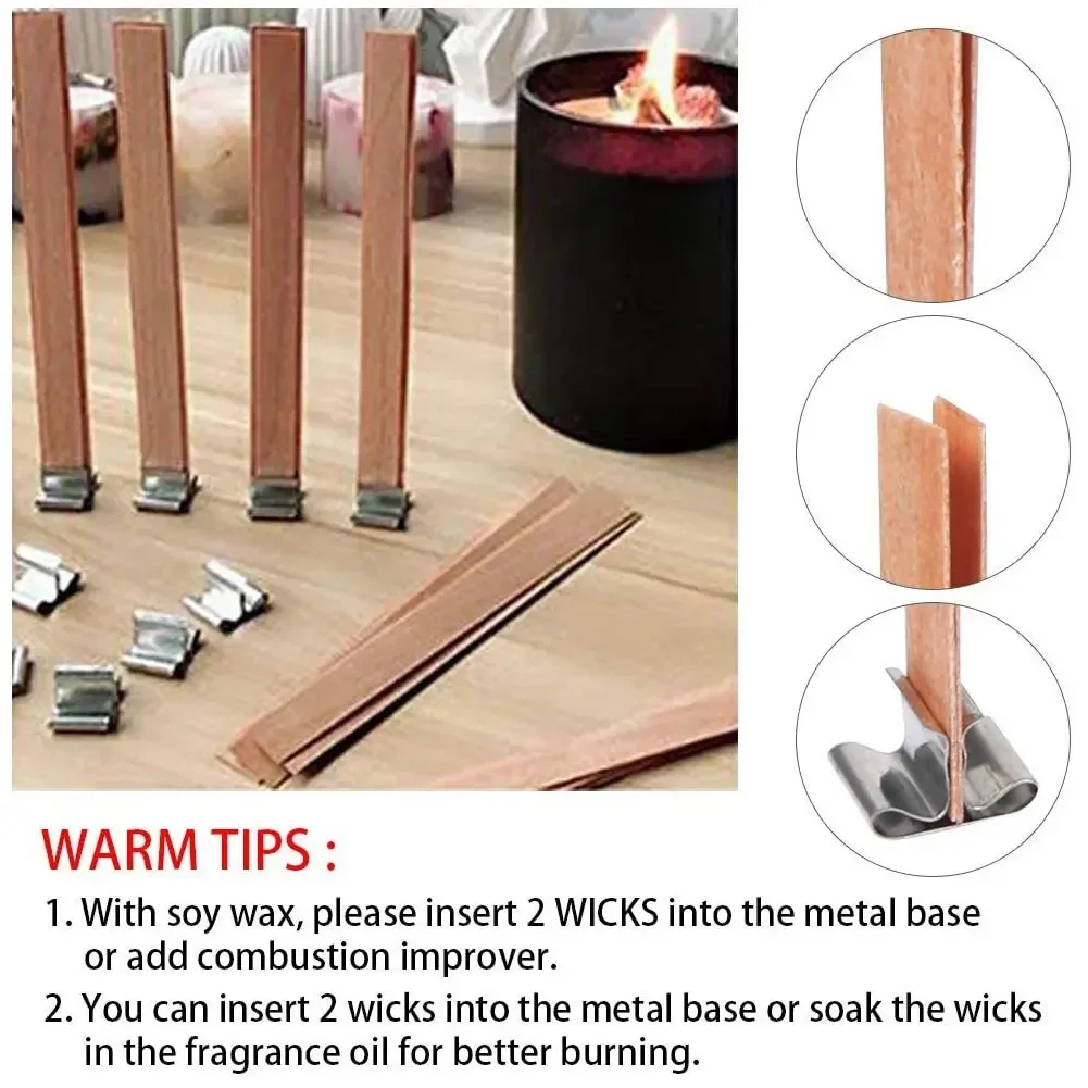 Description Picture 5 of item10 Pcs Flame Shaped Natural Wooden Wicks with Base Holder Candle Wick Wax Core Craft Candle Making Supplies Wave Soy Parffin Wax