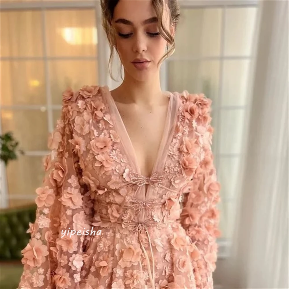 Evening Prom Dress Saudi Arabia Lace Applique Beading Ruched Cocktail Party A-line V-neck Bespoke Occasion Gown Long Dresses