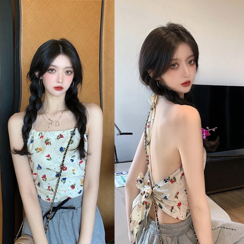 

Женские майки с открытой спиной, летние топы с лямкой на бретельках, сексуальный жилет без рукавов на шнуровке, топы для милые с