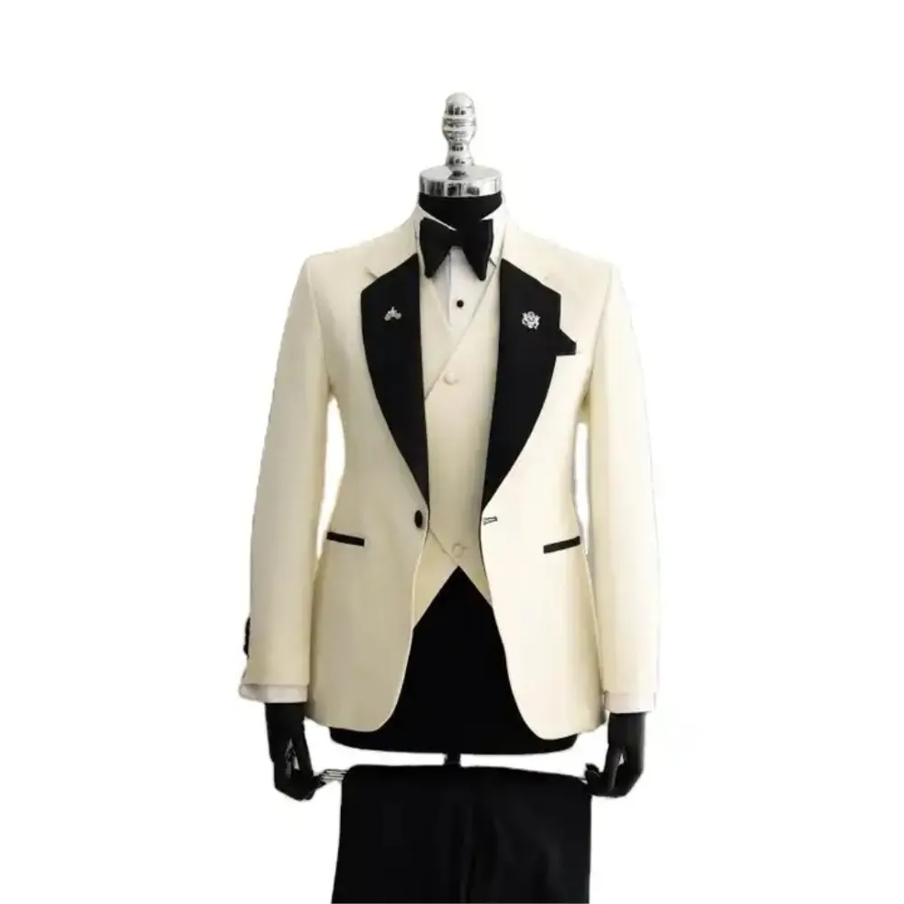 

Modern Men's Suits 3 Pieces Set One Button Peaked Velvet Lapel Blazer Vest Black Pant Wedding Tuxedos Formal Tailored Man Outfit