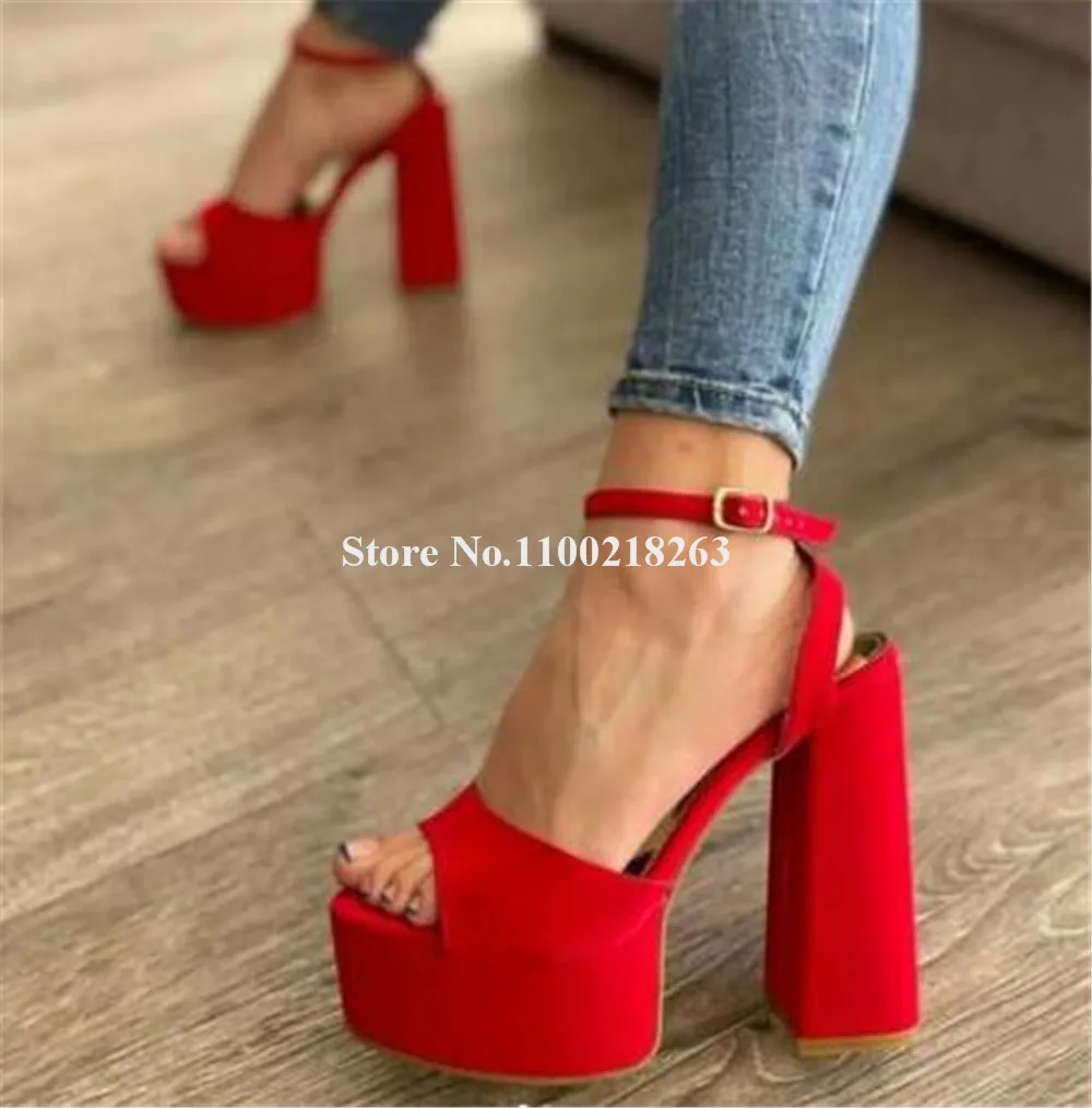 

Women High Platform Chunky Heel Sandals Sexy Open Toe Red Black Blue Suede Blcok Heel Dress Shoes Party Heels Big Size Pumps