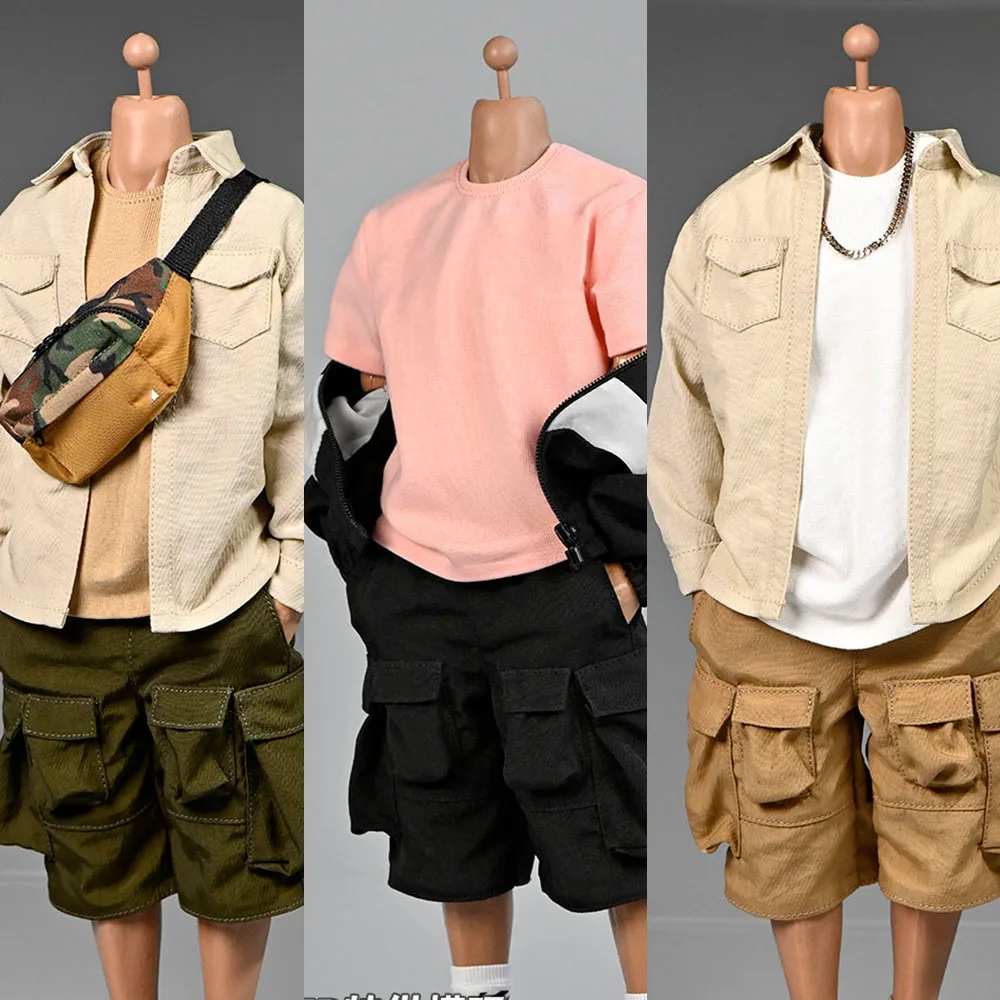

1/6 Scale Trendy Cargo Shorts Loose Wide Legs Work Shorts Pink T-shirt Jacket Waist Chest Shoulder Bag Model for 12'' Body
