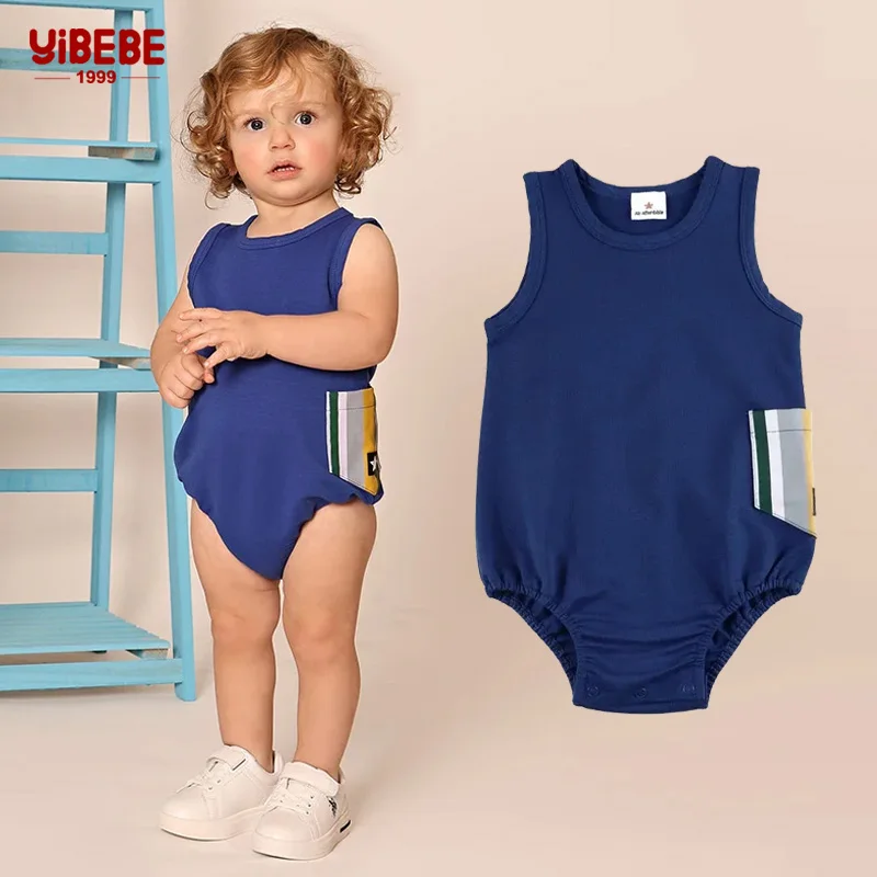 AA-Baby Romper Blue Knitted Denim sleeveless side striped pocket baby boy & girls clothes baby overall round neck family set cotton romper