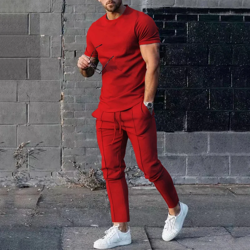 Summer Round Neck Short Sleeve T-Shirt Solid Color Two-piece Sets Men's Sports Loose Waist Lace-up Long Pants Male Casual Suits