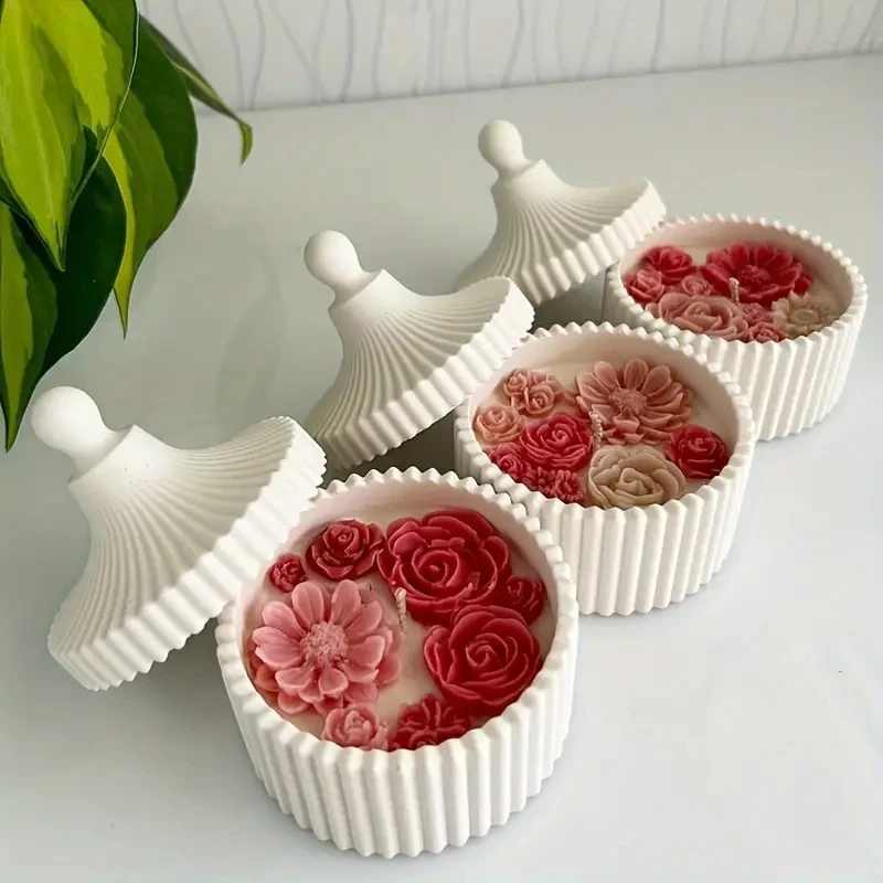 2Pcs Candle Jar Silicone Mold With Lid,Round Stripe Storage Jewelry Box Silicone Mold For Making Plaster Concrete Storage Box