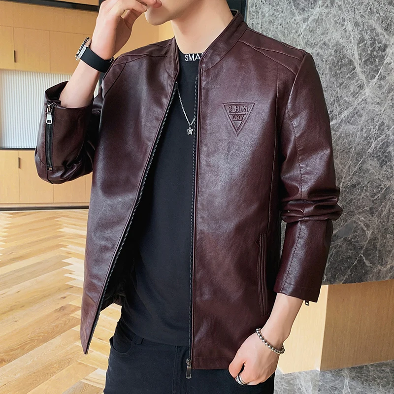 

Men's Spring and Autumn Stand Collar Pu Leather Jacket Long Sleeve Jacket Size M-4XL Casual Slim New 3 Colors Faux Leather