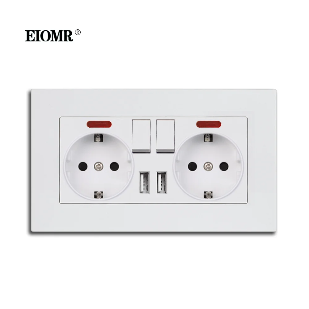 EIOMR EU 독일 벽 소켓 USB 포트 146*86mm 220v 16A 로커 스위치 전원 콘센트 LED 표시기 홈 벽 소켓