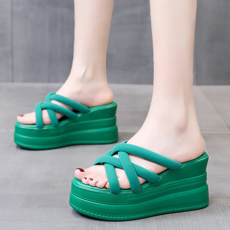 Rimocy Green Cross-tied Chunky Sandals Women 2022 Platform Wedges Slippers Female Thick Bottom Non-slip