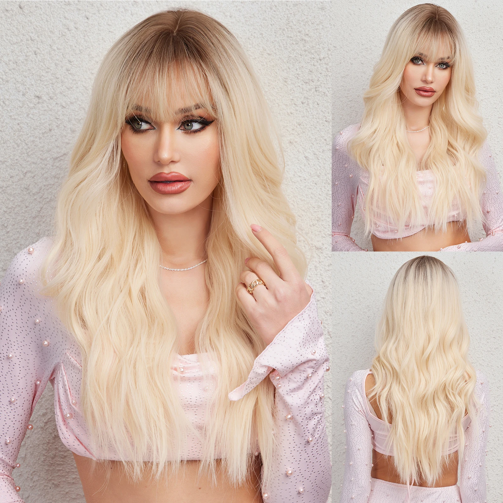 

Ombre Light Blonde Wigs with Bangs Long Loose Wave Daily Party Synthetic Hair for Women Natural Looking Soft Wigs Heat Resistant