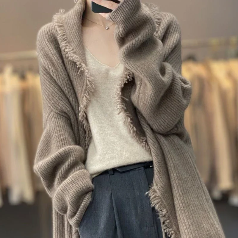 

Long Black Knit Tops for Woman Cardigan Apricot V-neck Women's Sweater New in Cold Winter Y2k Vintage Cashmere 2023 Designer 90s