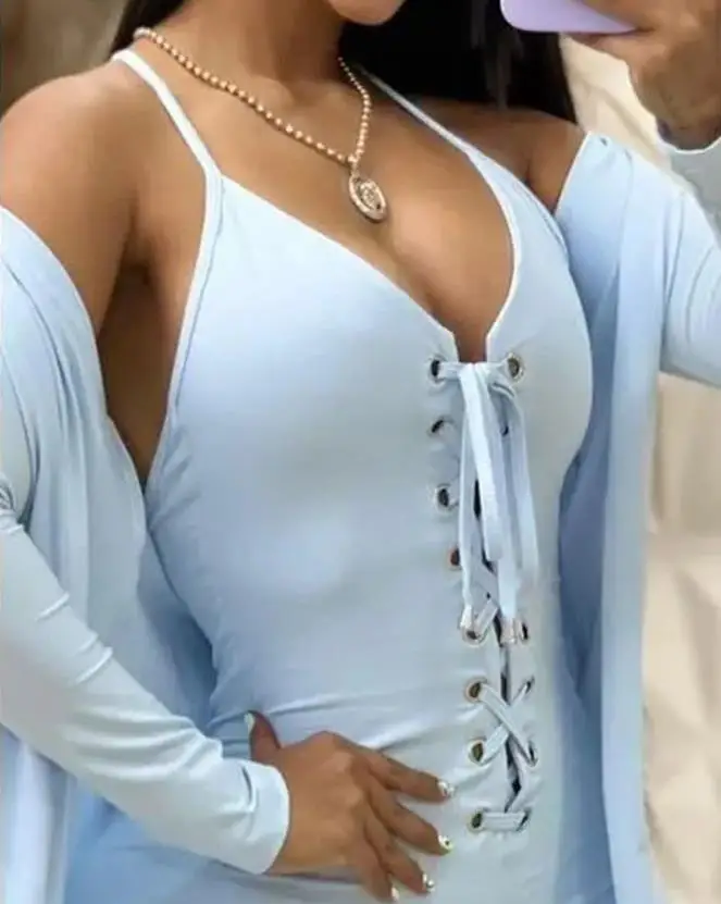 Eyelet Lace Up Cross Over Backless Jumpsuit and Jacket Set New Fashion Hot Selling Women's Clothing