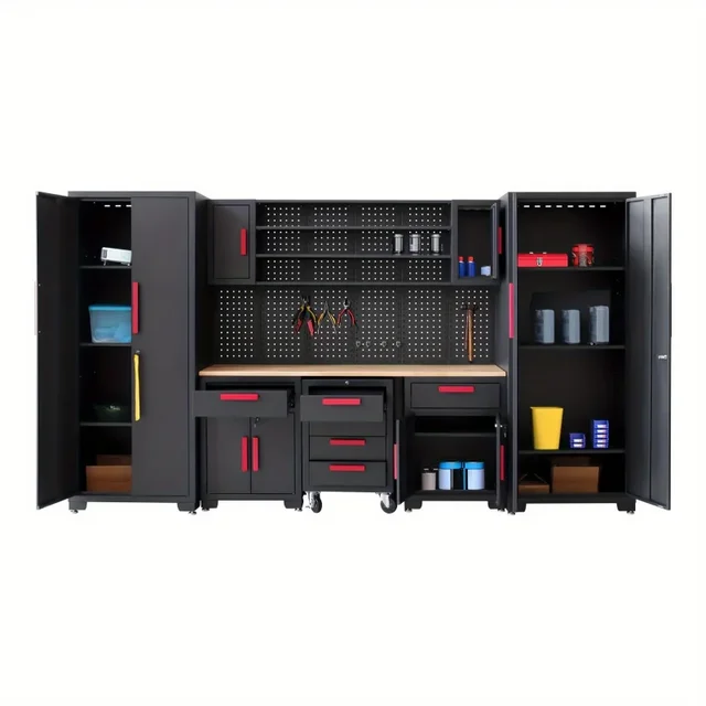 9-Piece Garage Shop Tool Storage Cabinet With Pegboard And Wooden Work Top 2
