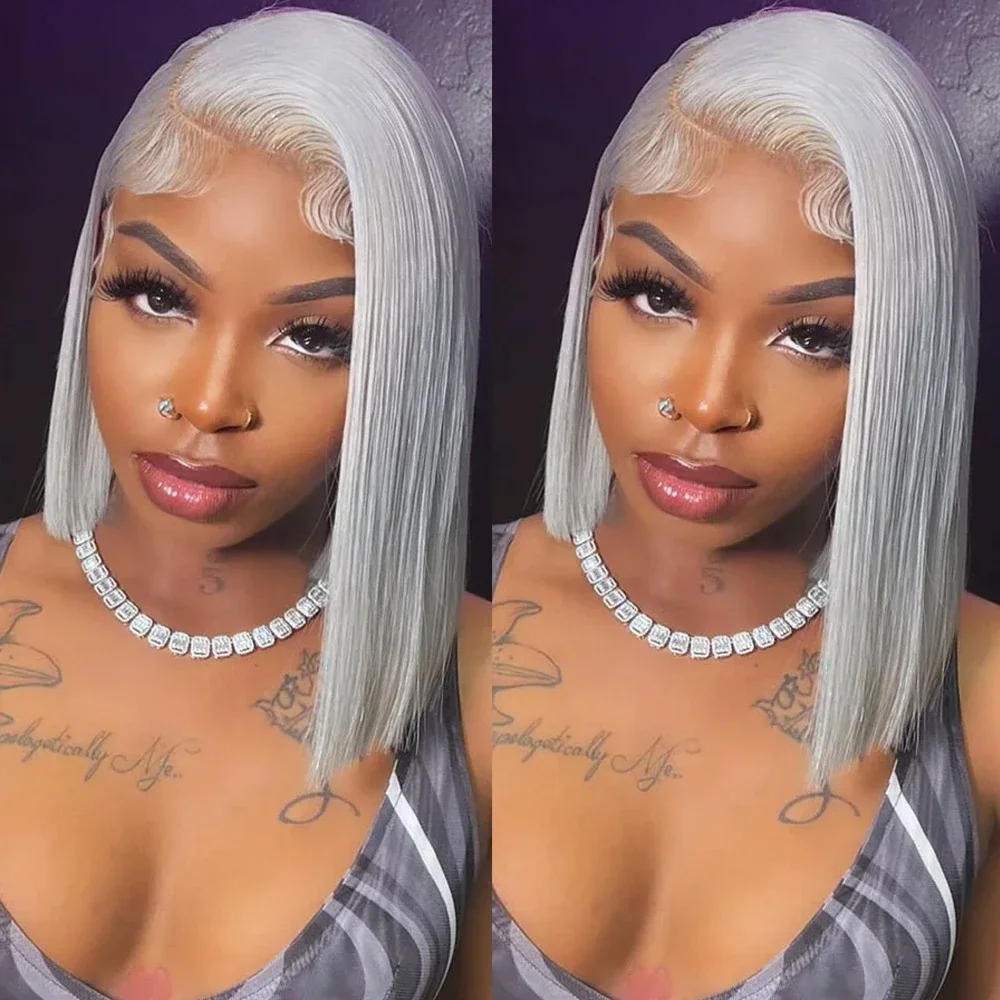 Grey Bob Human Hair Wigs Lace Front Silver Grey 13X4 Lace Frontal Bob Wig Pix Cut Straight Colored Human Hair Wigs 200% Density