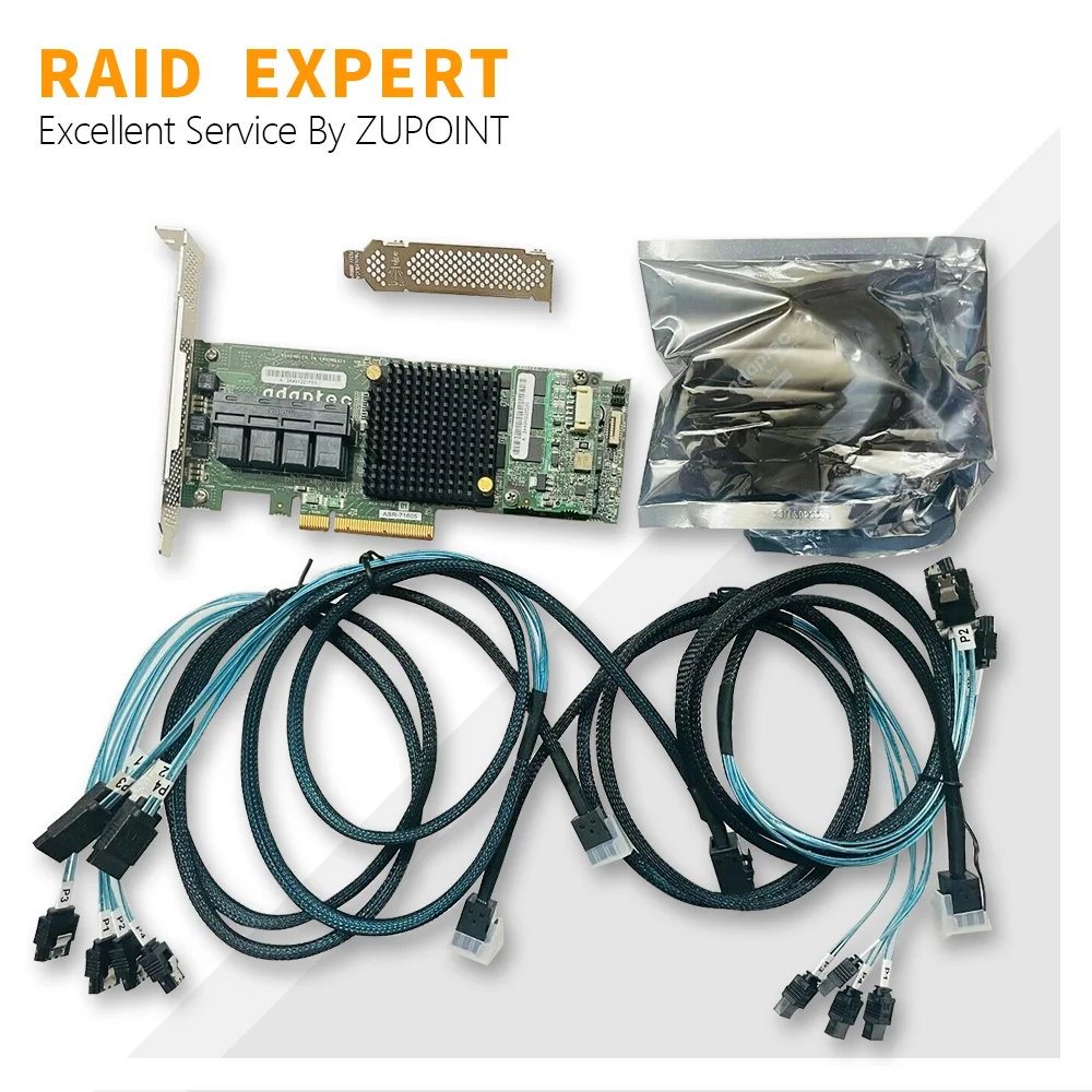ZUPOINT Adaptec ASR 71605 RAID Controller Card 1GB 16Port PCI E Expander Card + 4* SFF-8643 to SATA Cables