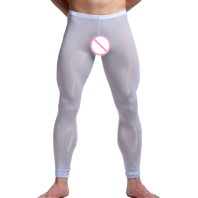 Sexy Mens See Through Ice Silk Ultra-thin Transparent Thermal Leggings Long Johns Lounge Tight Pants Underwear