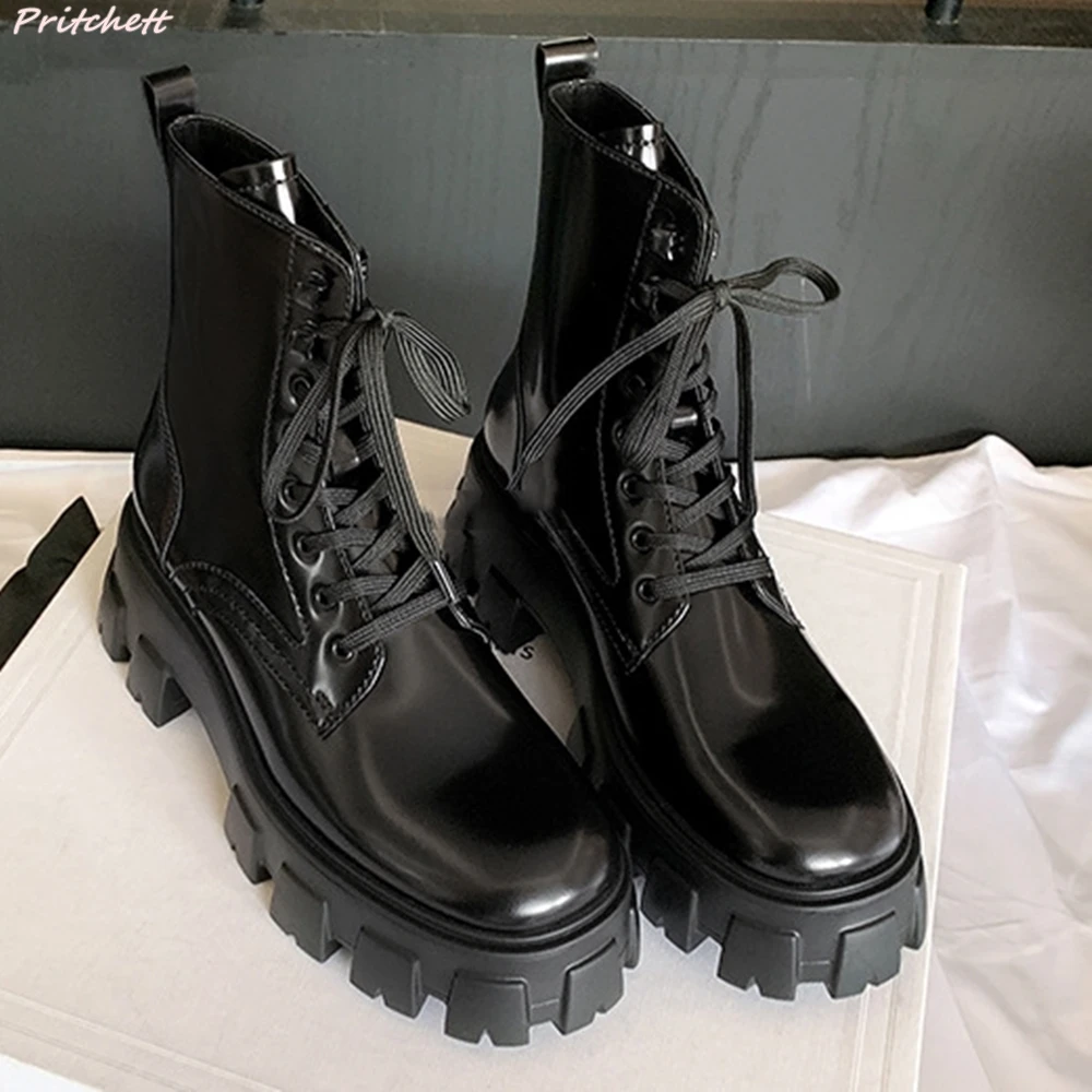 

Thick Sole Patent Leather Women Short Boots Black Round Toe Lace Up Height Increasing Boot Spring Autumn Classic Flat with Boots