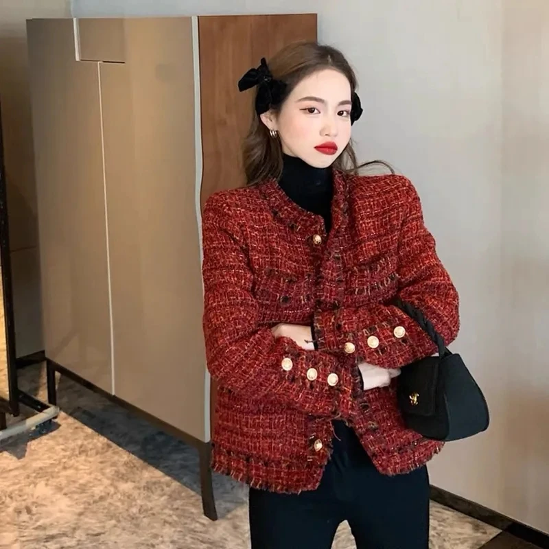 vVintage 2023 Autumn High end Temperament Red Fragrant Coat Women's Short Thick Tweed Fashion Women Slim Thicken Short Jacket