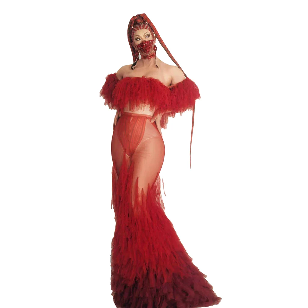 Sexy Red Mesh See Through Slash Neck Mermaid Wedding Party Dress Womens Stage Costumes Off Shoulder Evening Prom Dresses 2020 sexy celebrity dress mermaid see through long sleeves appliques evening gowns trumpet prom dresses party wear navy