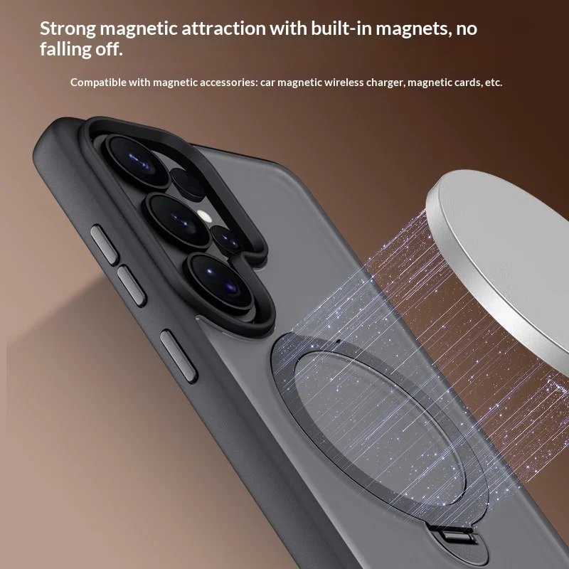 Magnetic Matte Phone Case with Metal Ring Stand Holder and Contrast Color Frosted Cover