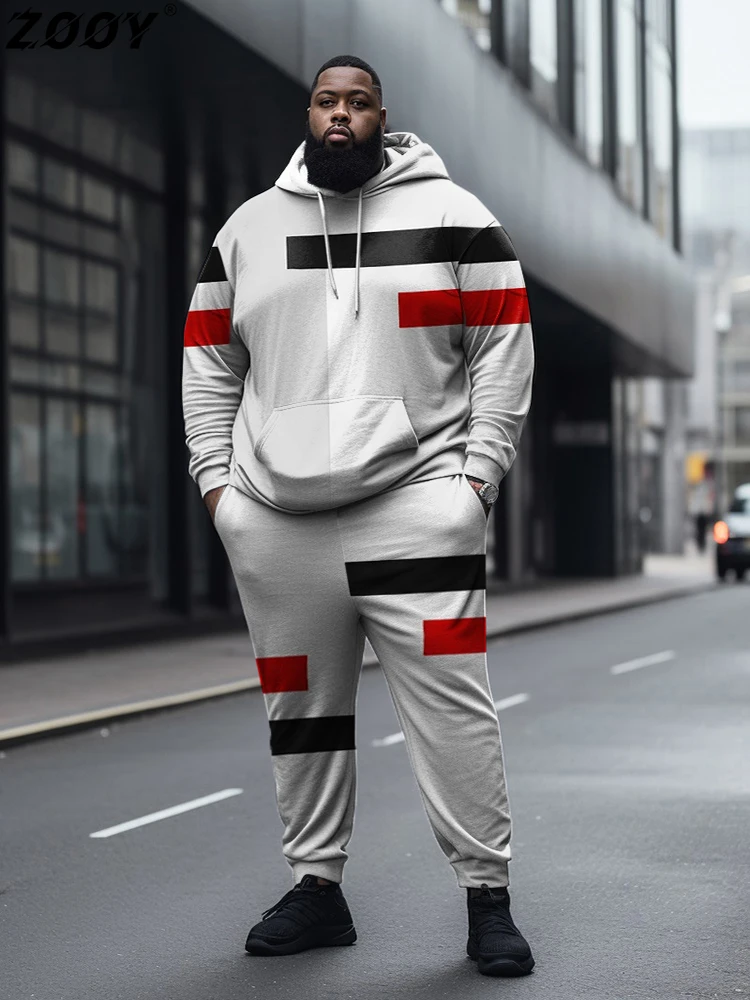 

ZOOY(L-9XL)Large Size Hoodie Suit Walking Geometry College Color Matching Abstract Casual Long-Sleeved Hoodie Sweatpants Suit