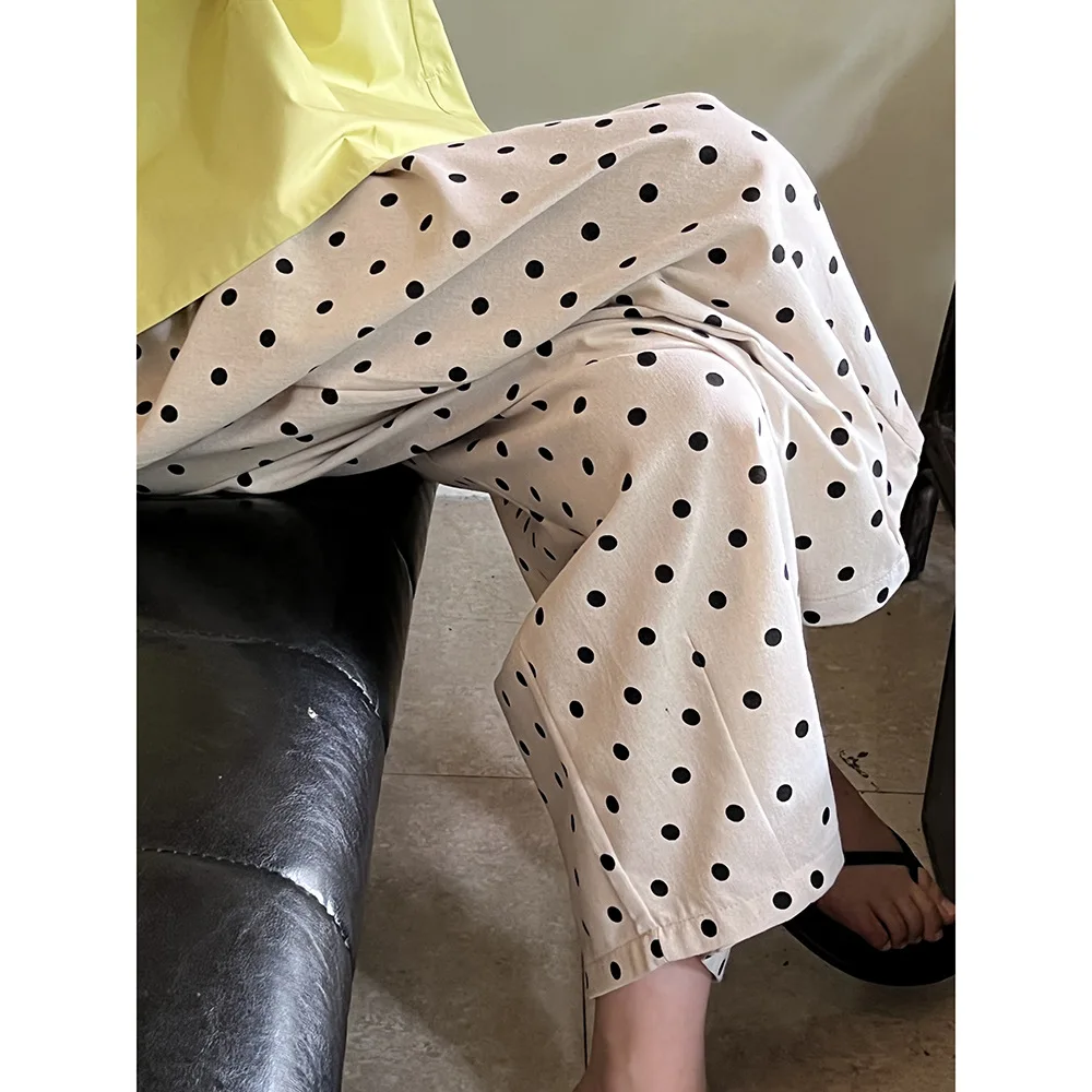Women Clothing Polka Dot Loose Wide-leg Pants 2024 Summer New Fashionable High-waisted Straight Leg Full Length Casual Pants