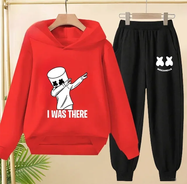 ربيع الخريف ملابس أطفال 2 قطعة موضة Dj Marshmellow الأطفال هوديي البلوزات + السراويل مجموعات 3-13Y الفتيان والفتيات رياضية 1