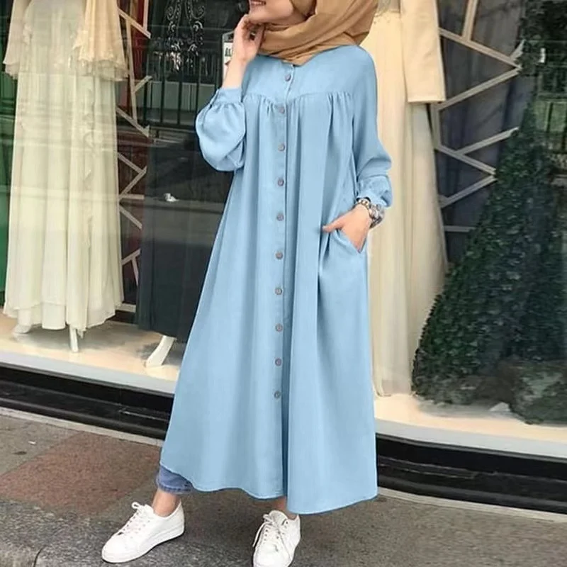 Muslim Long Tops For Women 2023 Arab Dubai Islam Autumn Casual Women's Cardigan Long Sleeve Standing Neck Large Swing Dress