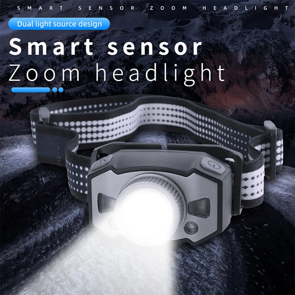

LED Headlamp USB Rechargeable Head Lamp Induction Head Torch Smart Motion Sensor Headlight Zoomable Head Flashlight