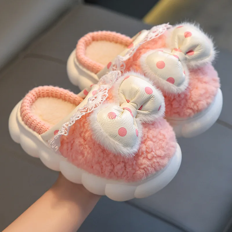 

Chlidren Winter Slipper 2024 Kids Home Slippers Indoor Lovely Girls Cotton Slippers Cute Point Bow Lace Warm Shoes For Girls