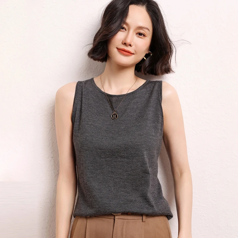 

Minimalist 100% Pure Cashmere Sweater for Women's Straight Neck Sleeveless top Knitted Bottom Sweater New Summer Vest