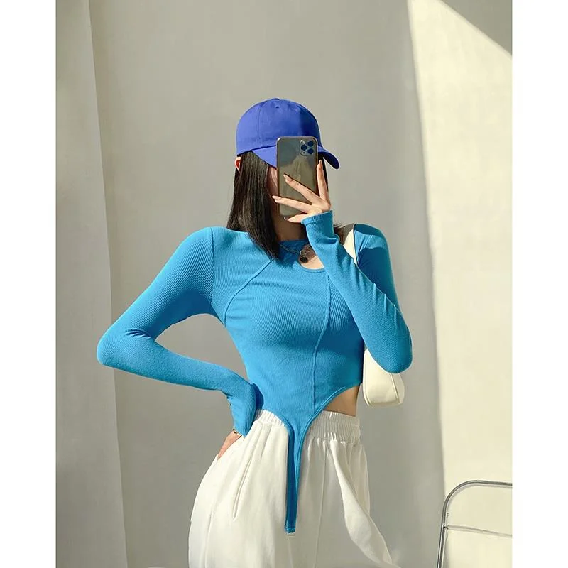 

GGRIGHT Summer Sexy Hot Girl Long-sleeved Short T-shirt Women's Solid Color Tight-fitting Thin Irregular Design Hollow Top