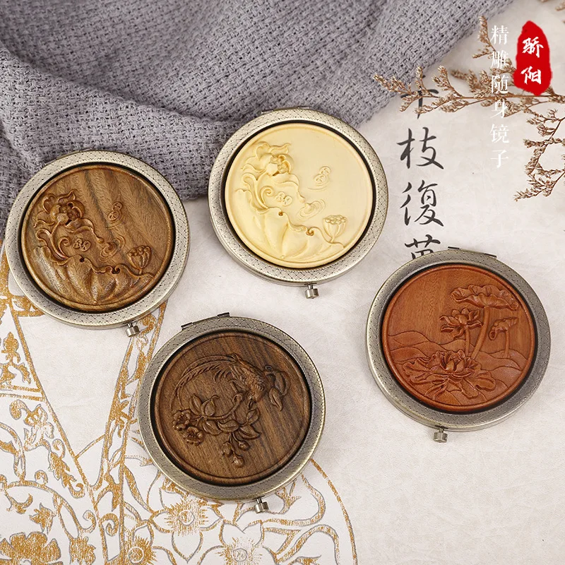 

Green Sandalwood Mirror Female Portable Mini Antique Makeup Mirror Wooden Cosmetics Compact Mirror Makeup Tools