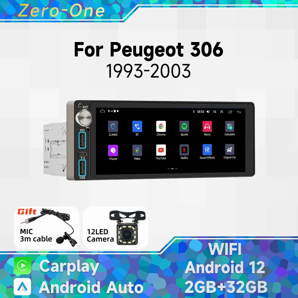 

Carplay Autoradio 1 Din Radio Android Car Multimedia for Peugeot 306 1993-2003 6.86" Screen Stereo Head Unit GPS Navigation