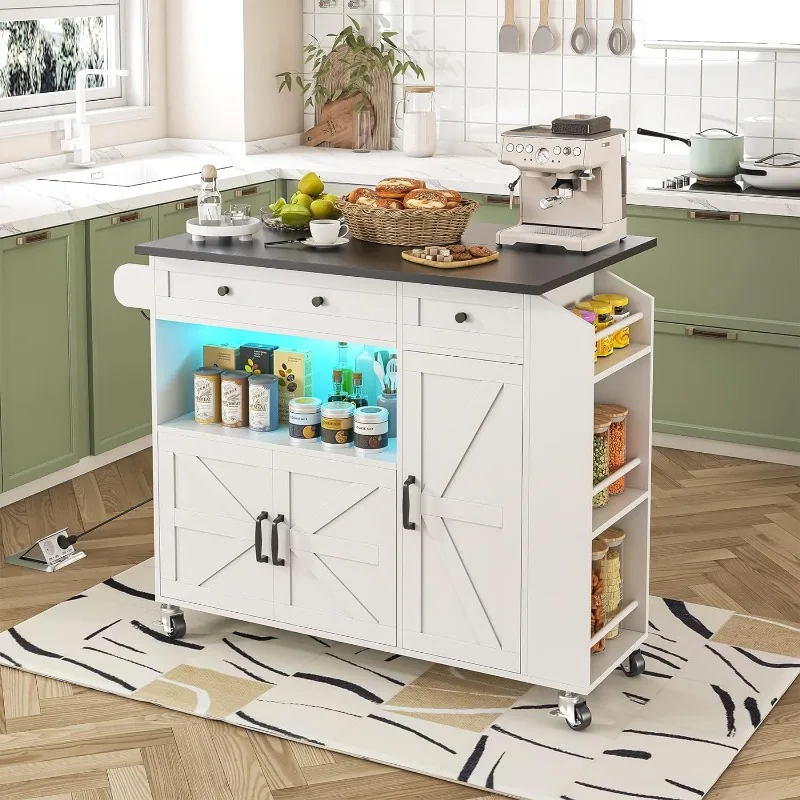

Kitchen Island with Drop Leaf, Rolling kitchen island with power outlet and Led Light, Kitchen Island with Storage Cabinet