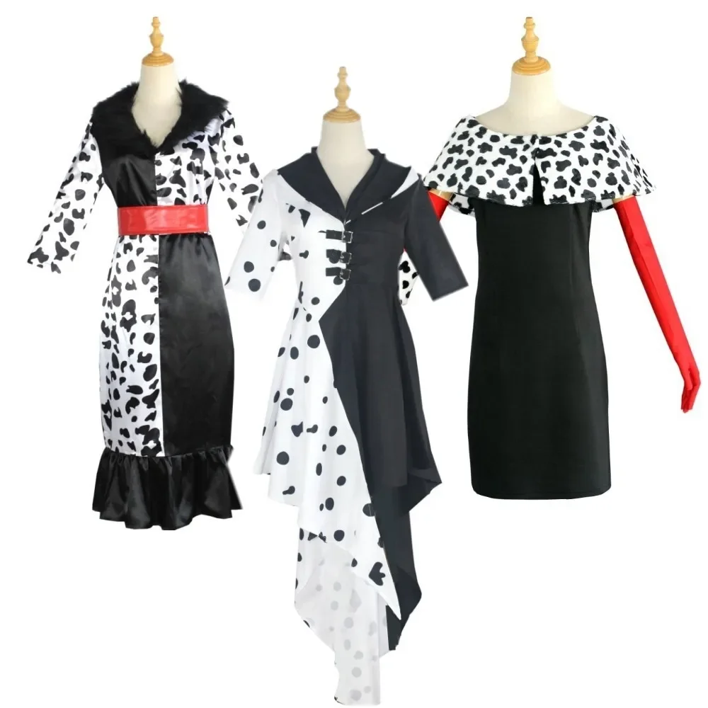 

Cruella De Vil Cosplay Costume Women Gown Black White Maid Dress With Gloves Hoodie Skirt Wigs Outfits Halloween Party Cos Suits