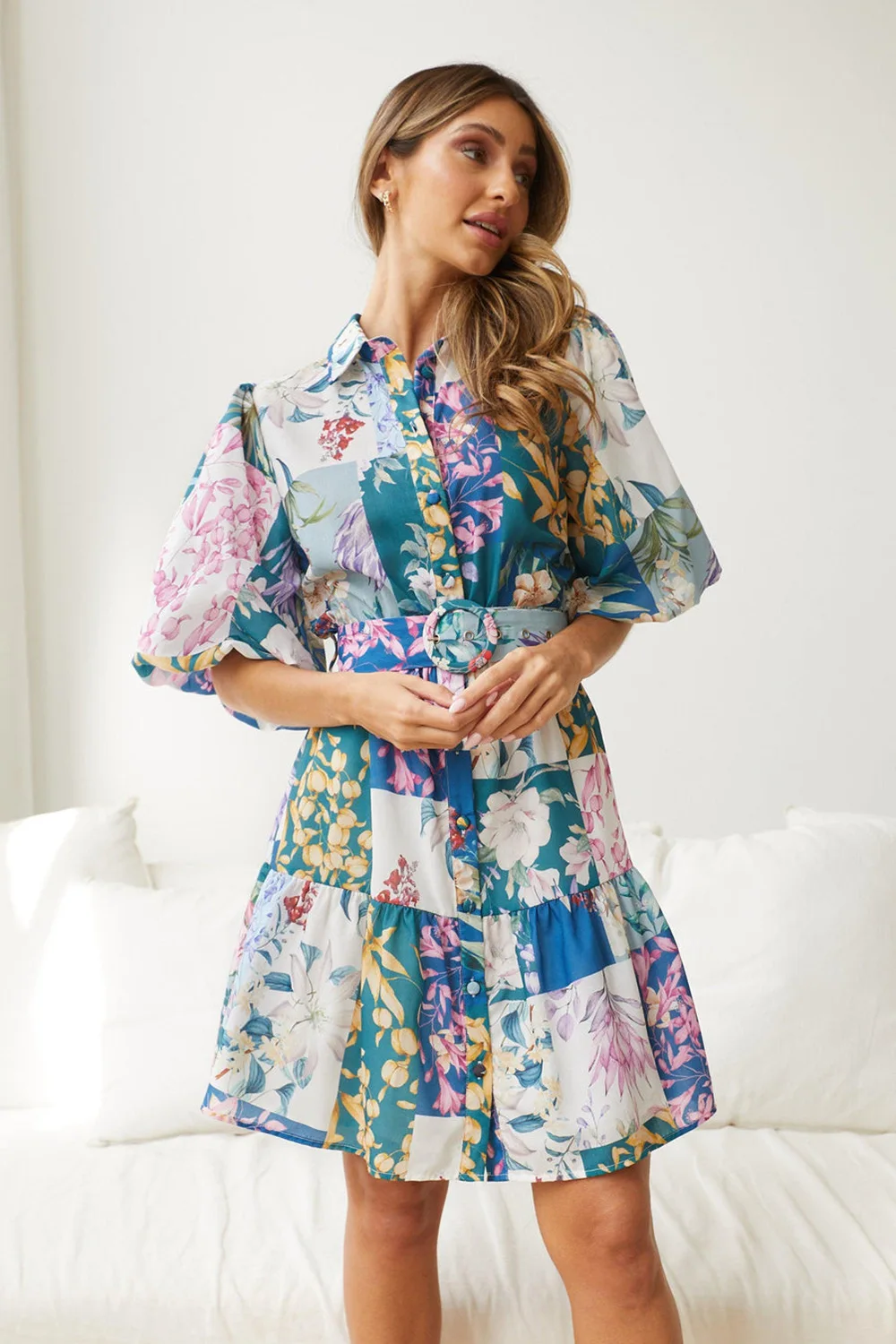 

Elegant Shirt Dress Women Chic Lapel Short Sleeve High Waist Mini Dresses Fashion Belt Boho Print Dress Holiday Leisure Vestidos