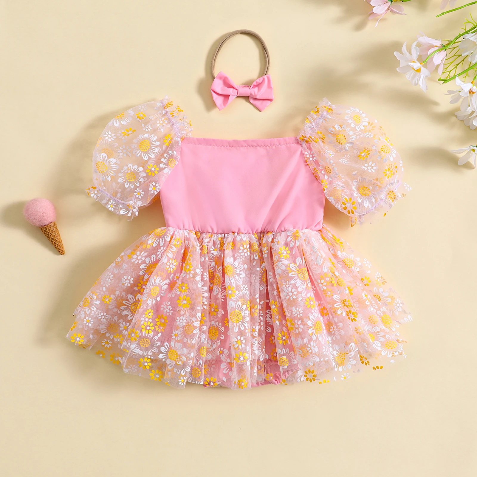 

Infant Girl Romper Dress Daisy Print Short Puff Sleeve Mesh Skirt Hem Jumpsuits Newborn Clothes Baby Bodysuits with Headband