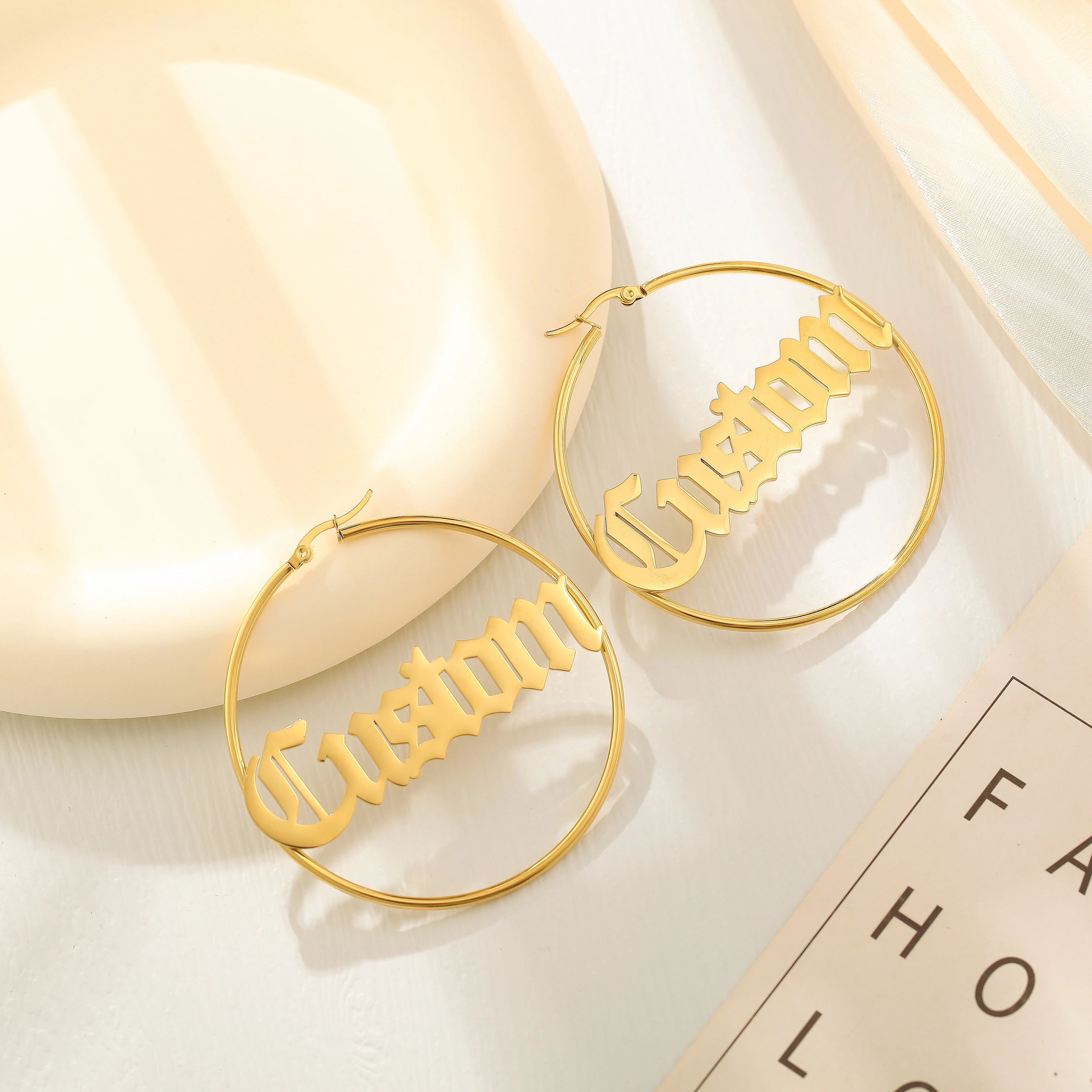 Custom Name Hoop Earrings Personalized Name Jewelry For Women Stainless Steel Old English Earrings Birthday Gift