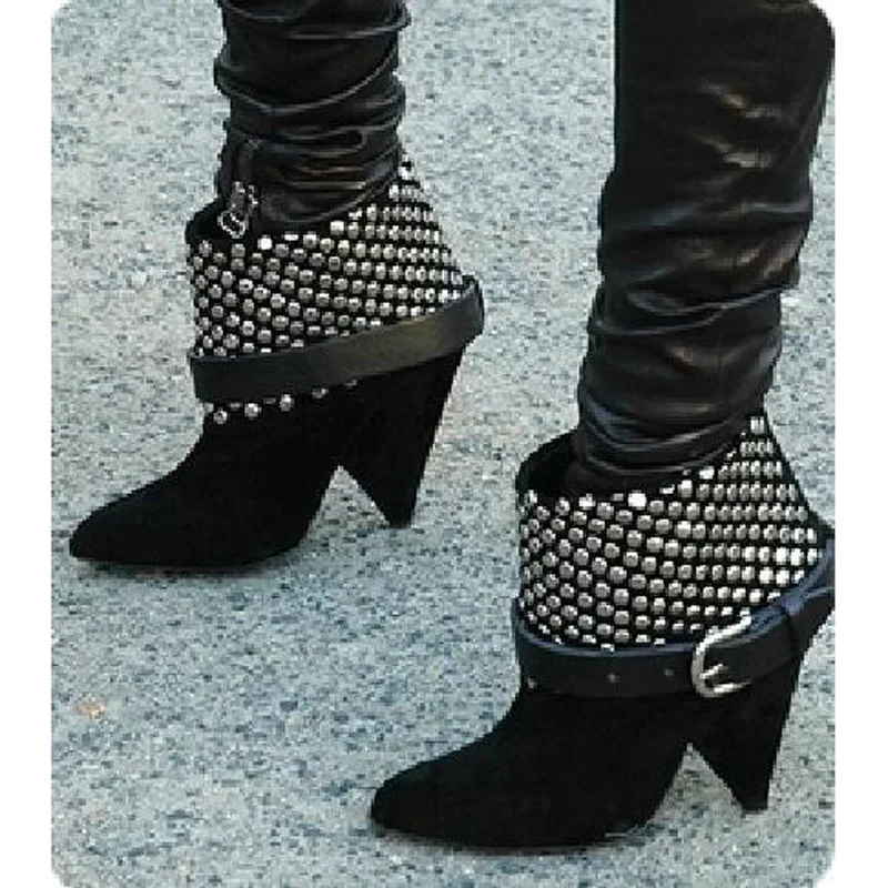 

Spring New Fashion Black Suede Leather Women Finger Heel Ankle Boots Silver Rivets Cover Ladies Pointy Toe Knight Boots