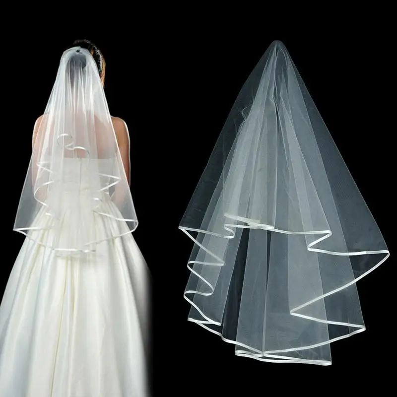 

Short Tulle Wedding Veils Two Layer White Ivory Comb Bridal Veil Cheap In Stock Marriage Wedding Accessories Satin Edge Comb