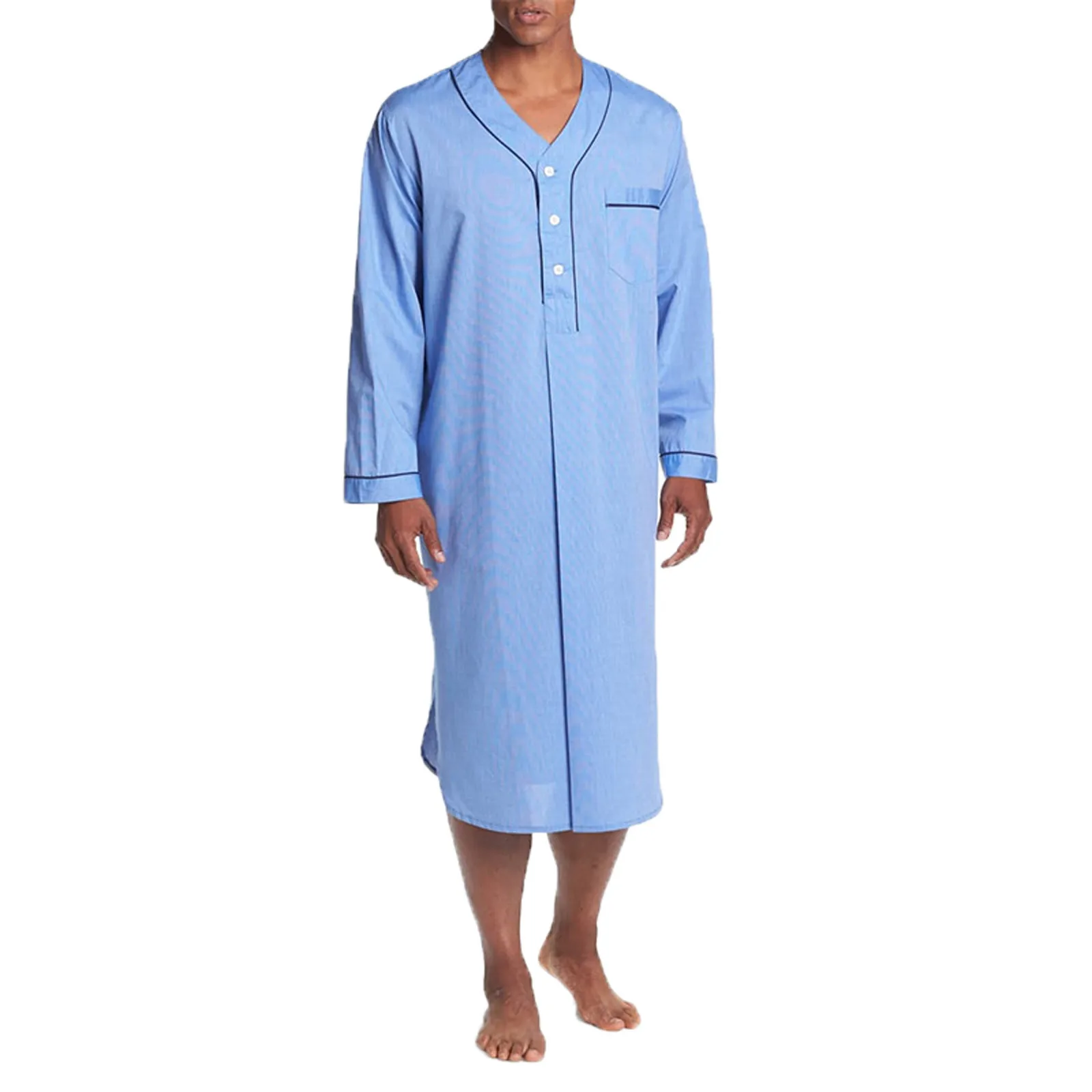 MensSolidNightgownFashionPatchworkSleepRobeSolidColorSleepwear